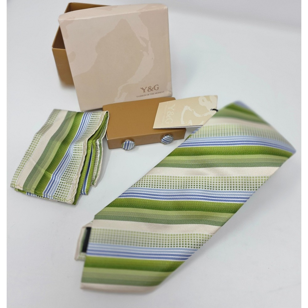 Y&G Tie Mens Green Striped Silk Pocket Scarf 8x8 & Cufflinks Set 58"‎ NWT